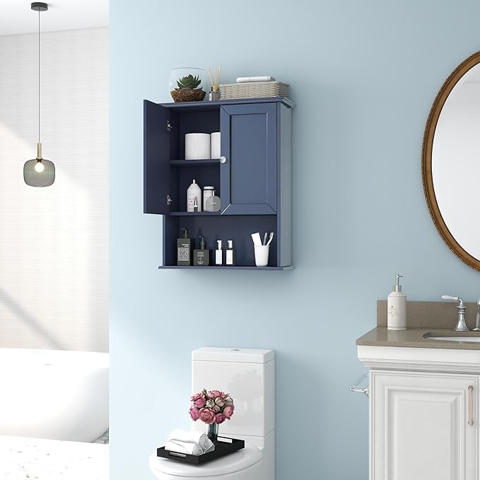 Bathroom Wall Cabinet Navy Blue Over Toilet Storage Cabinets 24x30 in Above Toilet Wood Medicine Cabinets Wall Mounted Bathroom Cabinet with 2 Door & Adjustable Shelf