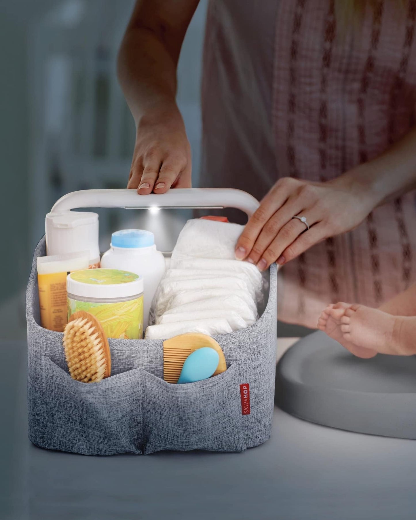 Skip Hop Diaper Caddy Organizer with Touch Sensor Night Light Nursery Style Heather Grey