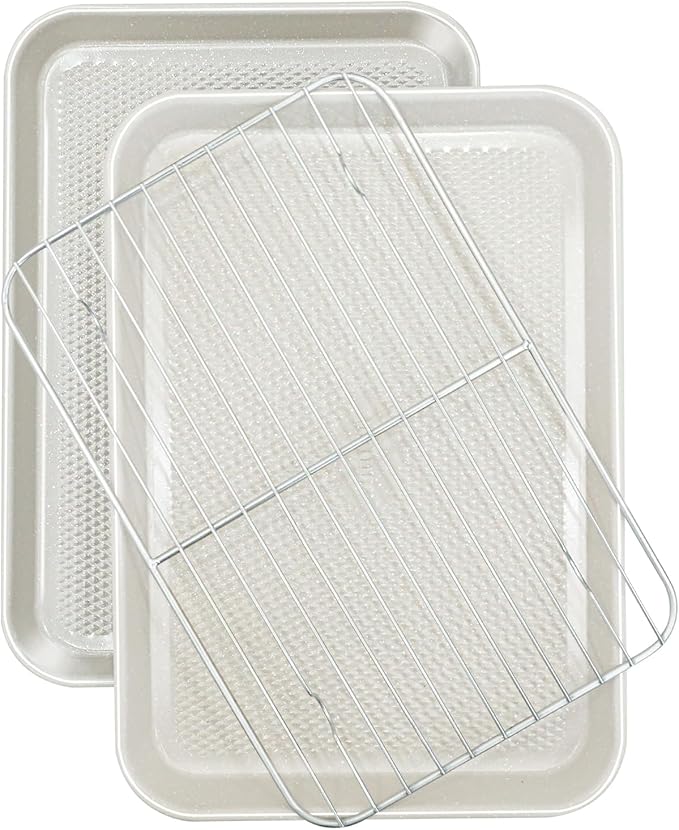 Ymiton 2-Pack 9x13 Quarter Sheet Pan Baking Sheet Set with Wire Rack - Nonstick 0.8mm Carbon Steel, Cookie Sheets for Baking, Non-Toxic, Dishwasher Safe, Oven Safe 450°F (External 9.5x13.6)