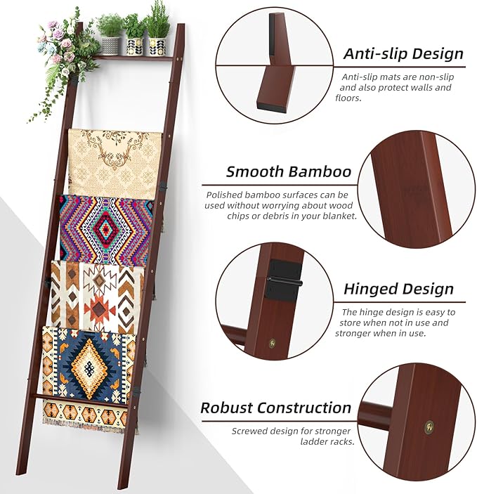 BAMBANG 6-Tier Blanket Ladder for Living Room, Blanket Quilt Ladder Rack Rustic Decorative Towel Holder, Wall Leaning Blanket Ladder Shelf Storage Farmhouse Decor for Bedroom Bathroom, Brown
