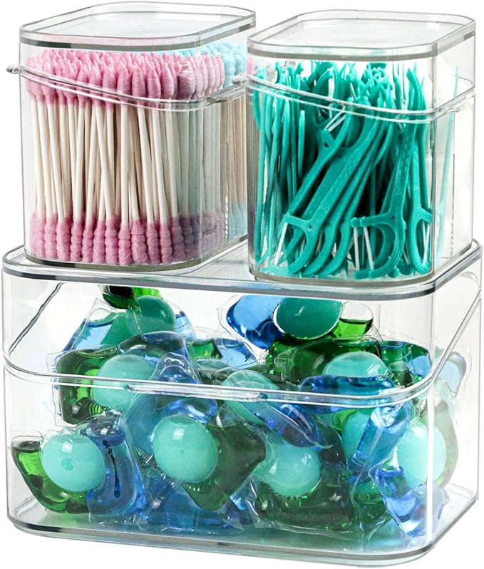 Clear Bathroom Organizer, 2-Size Essentials Set for Hail Accessories & Beauty Supplies,Cotton Swabs,Balls,Pads - Small Clear Plastic Canister Apothecary Jar Set, Vanity Makeup Storage Organizer (L+2S)
