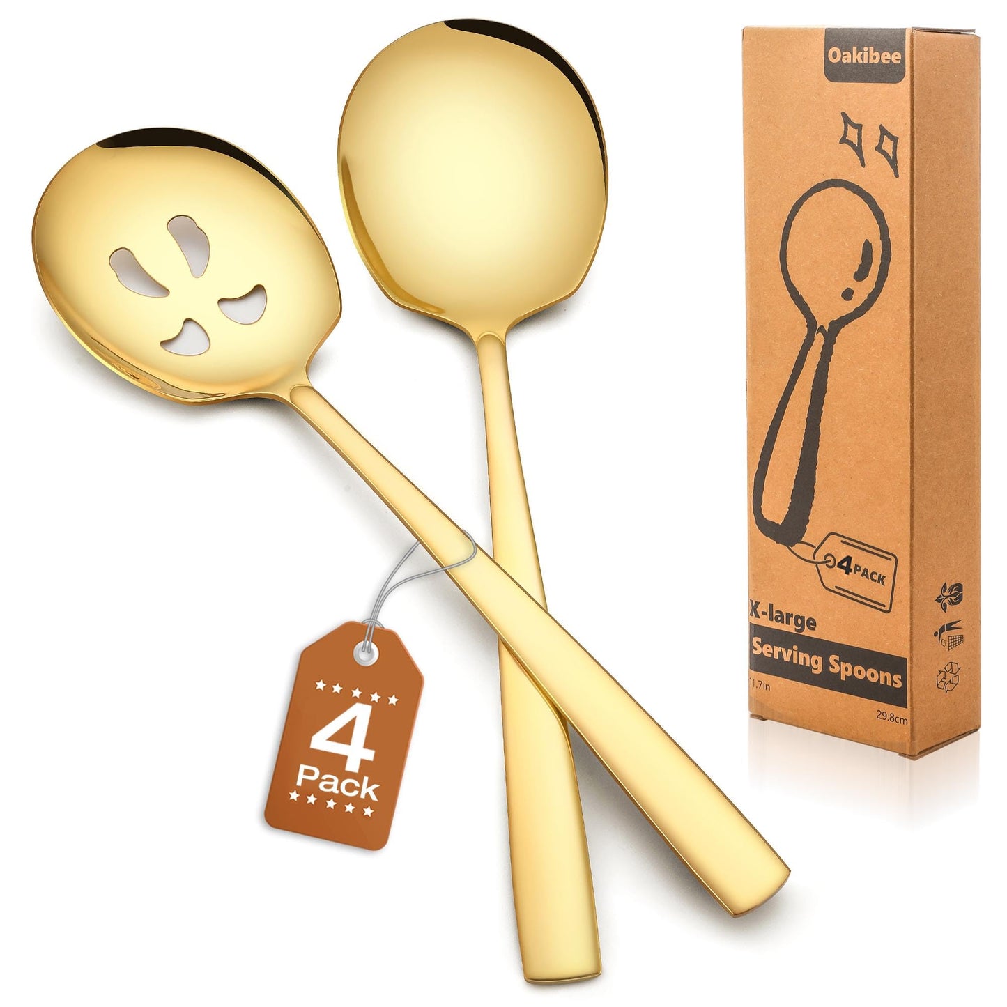 Extra Large Serving Spoons Set of 6-Piece, 11.7-Inch Gold Serving Slotted Spoon x 3 Serving Spoon x 3, Stainless Steel Serving Utensil for Buffet, Parties, Catering - Dishwasher Safe(6-Pack, Gold)