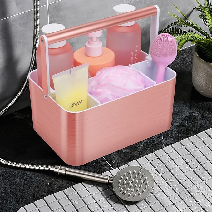 Compact Shower Caddy Dorm - Portable Bathroom Caddy Organizer with Handle and Adjustable Divider for College Dorm & Shared Bathroom, Hard Plastic Shower Basket Tote for Toiletry Drainage, Pink