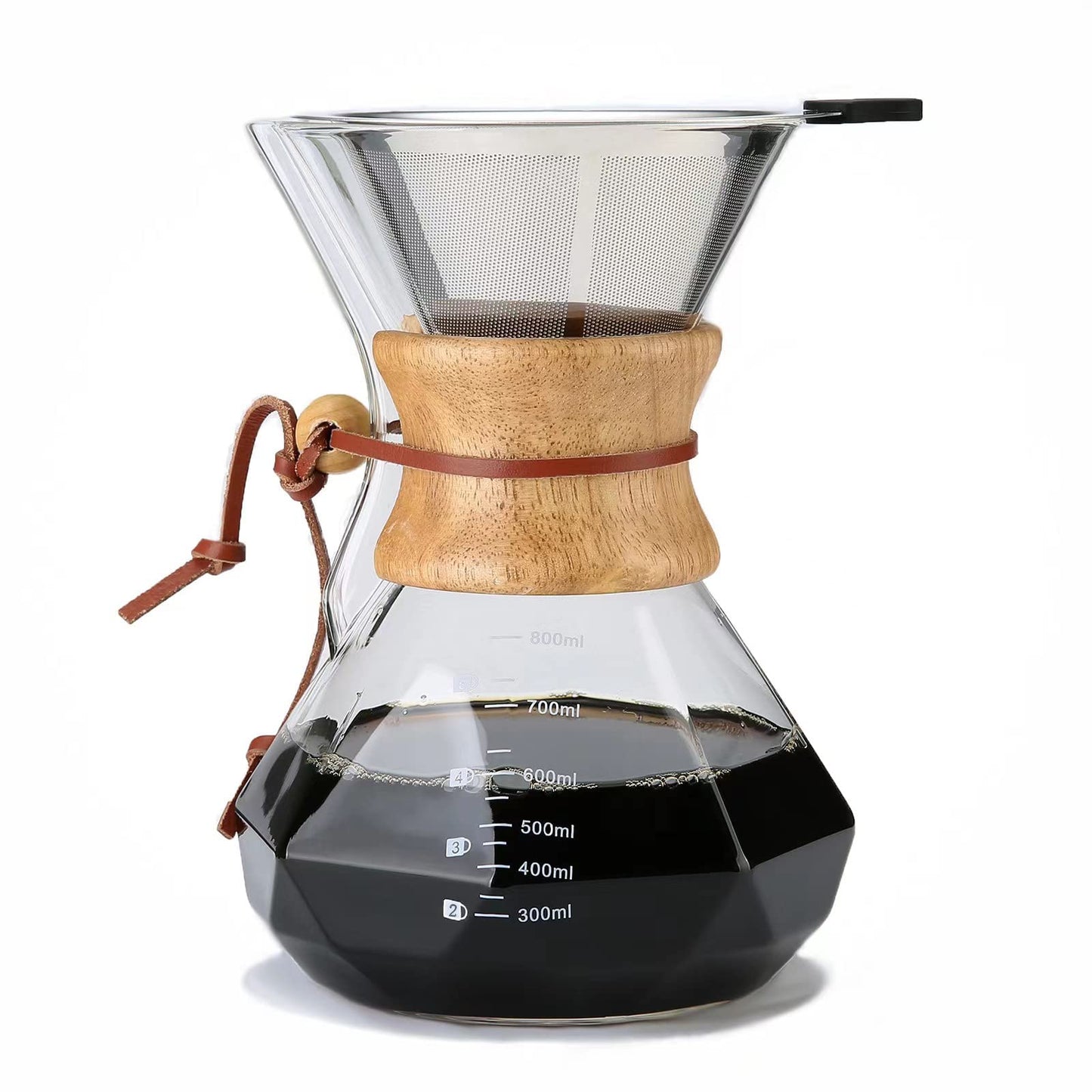 Lalord Pour Over Coffee Maker, 600ml/20oz Borosilicate Glass Carafe with Stainless Steel Filter & Wooden Collar, 3-4 Cups Capacity, Clear