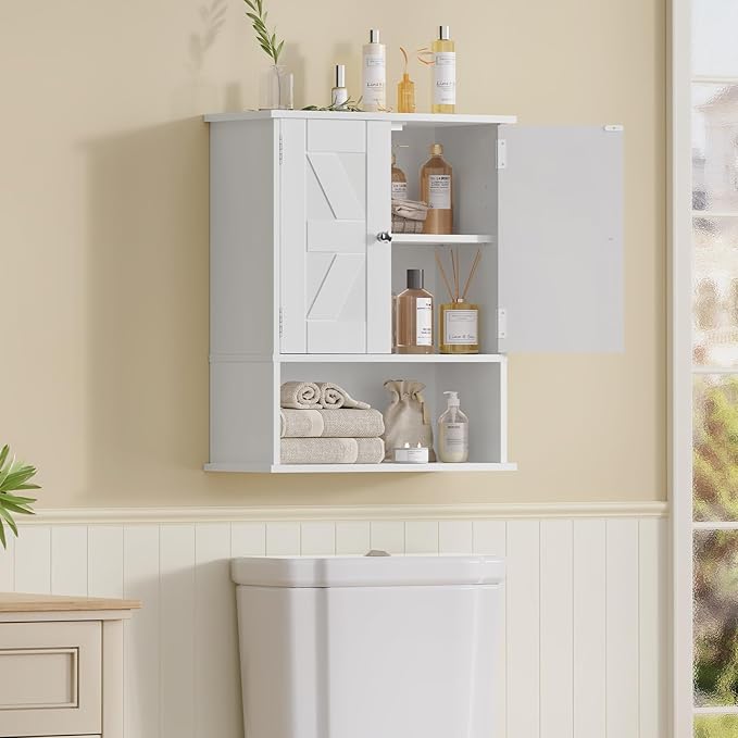 TEENFON Bathroom Wall Cabinet, Over The Toilet Space Saver Storage with Barn Doors & Adjustable Shelf, Hanging Medicine Cabinet, White 7.1" D x 15.4" W x 19.3" H