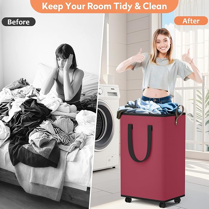 Laundry Basket with Wheels, Collapsible Laundry Baskets, Laundry Hamper with Handles Detachable Wheels, Rolling Laundry Basket, Dirty Clothes Hamper for Bathroom, Dorm, Bedroom, Red, 80L