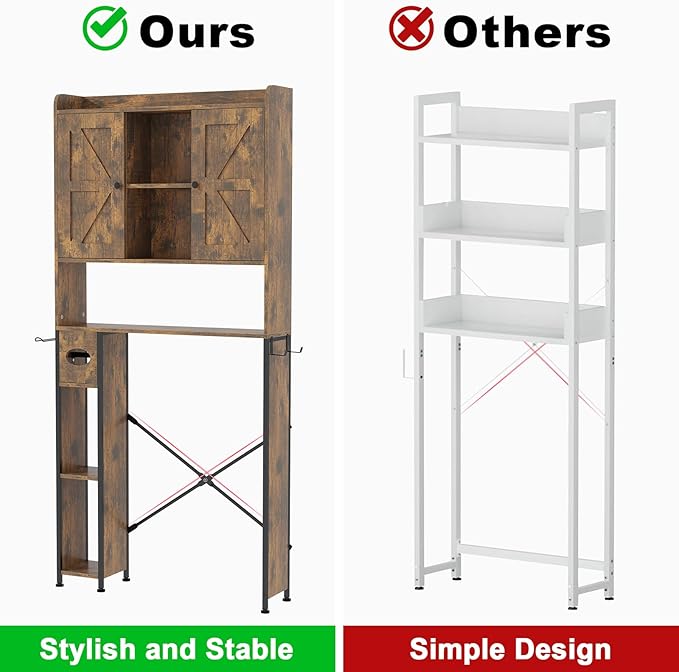 EasyCom Over The Toilet Storage Cabinet with Metal Frame and 7 Storage Shelves, Bathroom Organizer with Adjustable Shelves and Paper Holder, Farmhouse Storage Cabinet for Bathroom,Laundry,Rustic Brown