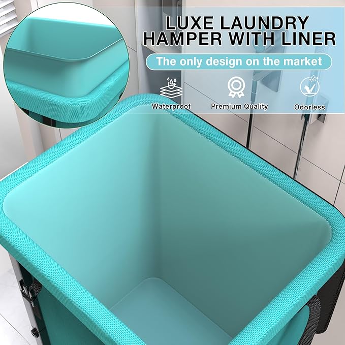 40 Gal(150L) High Grade Large Laundry Basket with Wheels, Rolling Laundry Hamper, Laundry Cart with Metal Frame and Removable Bag Design, Suitable for Laundry Room, Bedroom (Blue, 150L)