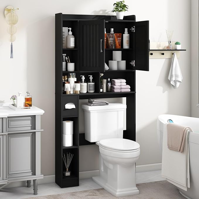 Vabches Over The Toilet Storage Cabinet, Farmhouse Storage Cabinet Over Toilet with Barn Door, Home Space-Saving Toilet Rack, for Bathroom, Restroom, Laundry（Black）.