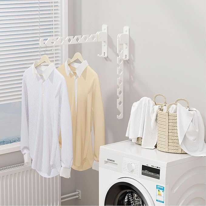 Wall Mounted Clothes Drying Rack, Wall Clothes Hanger Hook for Laundry Room, Clothes Hanger Foldable, Wall Rack Indoor, Perfect for Small Spaces, White 2 Packs