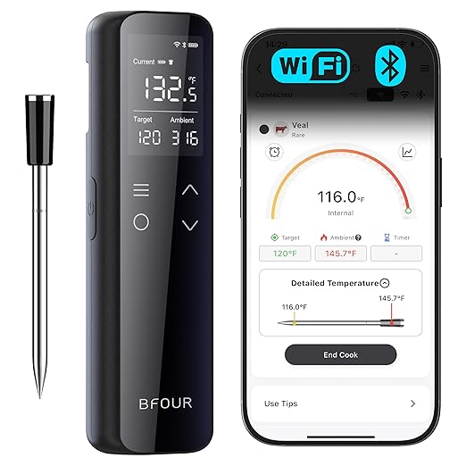 Wireless Meat Thermometer Bluetooth with Digital Standalone Base, WiFi Unlimited Range, 6 Precision Sensor, IP67 Waterproof and Heat Resistant, Kitchen Essentials for Oven BBQ Grilling and Smoking
