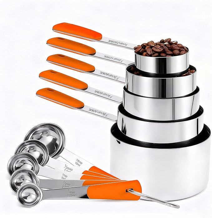Bopei Measuring Cups and Spoons Set Stainless Steel 10 Piece for Cooking and Baking (5 Cups + 5 Spoons, Colorful Handles)