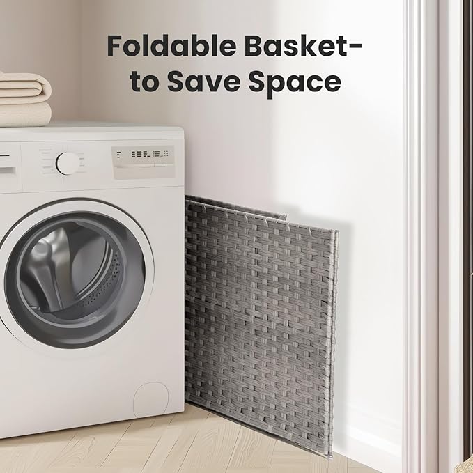 DUMOS Woven Laundry Basket with Lid, 90L Large Capacity Hamper, Removable & Machine-Washable Liner, Foldable Rattan Clothes Hamper, Sturdy Steel Frame, Odor Control, Dove Gray