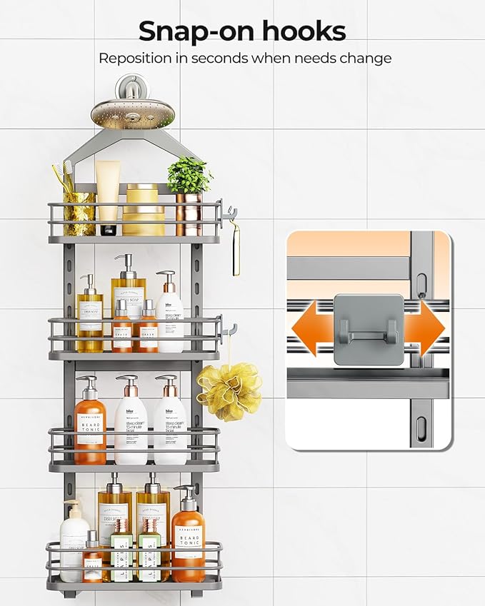 ODesign 4 Tier Height-Adjustable Shower Caddy Hanging Anti-Swing-Over The Shower Head Caddy-Showers Storage Organizer Bathroom Shelves Basket Showers Caddies-Grey
