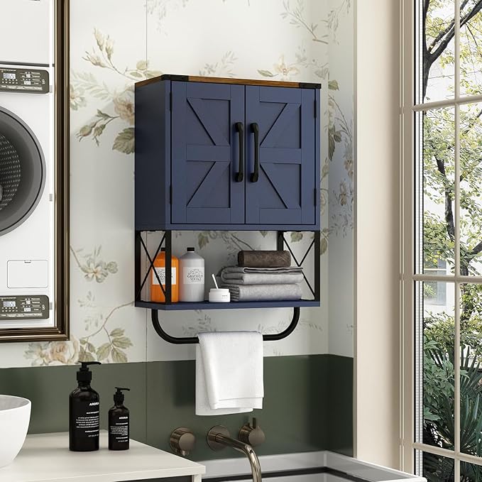RUSTOWN Farmhouse Rustic Medicine Cabinet with Two Barn Door,Wood Wall Mounted Storage Cabinet w/Dark Brown Top & Adjustable Shelf and Towel Bar, 3-Tier Cabinet for Bathroom(Navy Blue)
