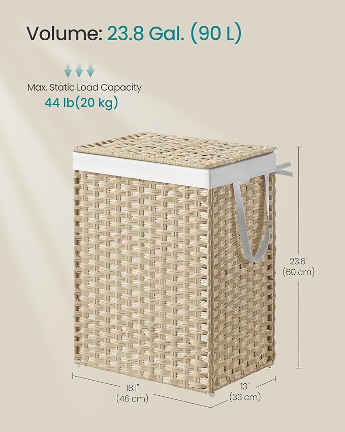 SONGMICS Laundry Hamper with Lid, 23.8 Gallon (90L) Synthetic Rattan Clothes Laundry Basket with Lid and Handles, Foldable, Removable Liner, Summer Sand ULCB051LZ01