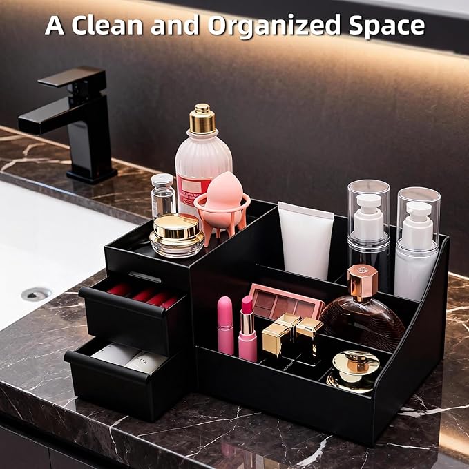 Cologne Stand Organizer for Men - Mens Organizer with Drawers, Perfume Organizer and Cologne Shelf for Bathroom Countertop Storage - Perfect Gifts for Men (Black)