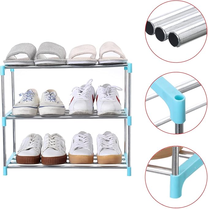 Stackable Small Shoe Rack, Entryway, Hallway and Closet Space Saving Storage and Organization (3-Tier, Blue)