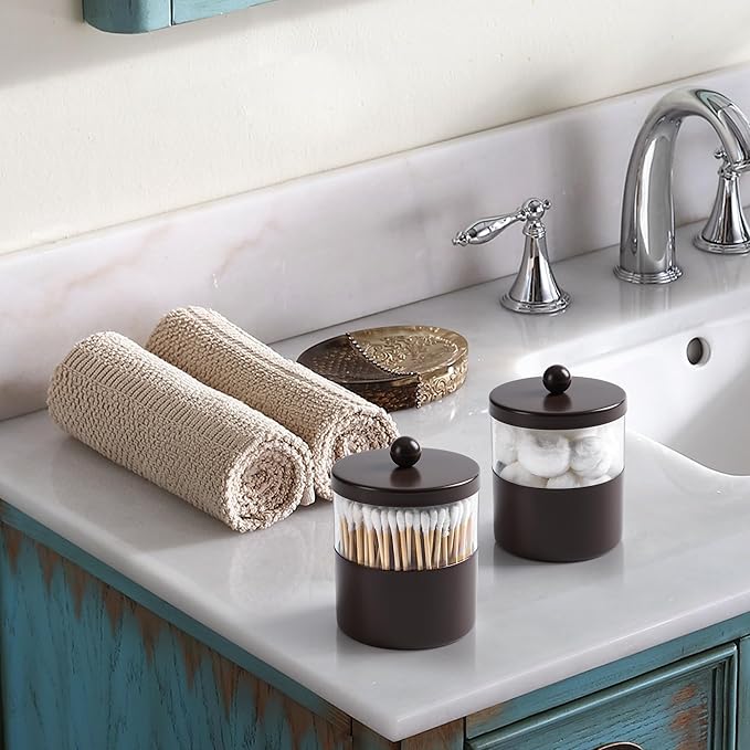 Gaussra Chocolate Brown Qtip Holder, Bathroom Jar - Stainless Steel Apothecary Jars with Stickers - Farmhouse Decor Qtip Dispenser for Qtips, Cotton Balls, Swabs, Makeup Sponges (2-Pack)