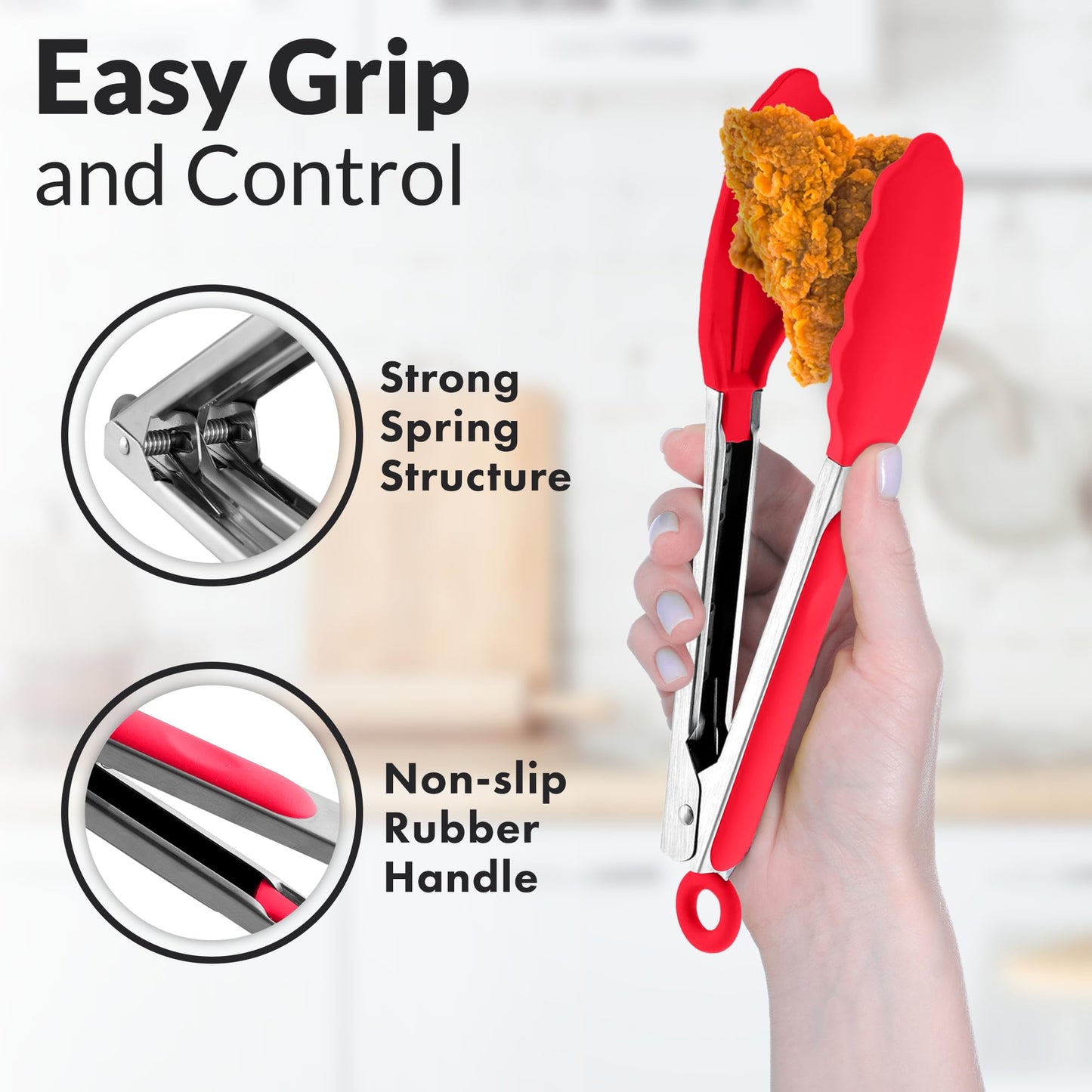 Zulay Stainless Steel Kitchen Tongs with Silicone Tips - Set of 2 (9” & 12”) Locking Cooking Tongs with Non-Slip Grip - Heat Resistant, BBQ Food Tongs for Non-Stick Cooking Pans (Silver/Soft Red)