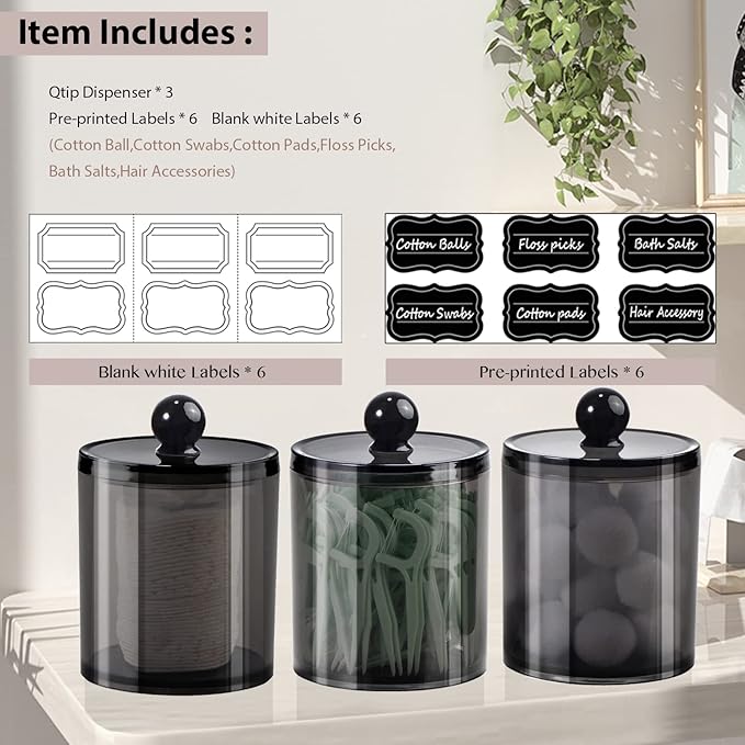 SheeChung 3-Pack Qtip Holder Black,Plastic Qtip Dispenser with Lids,Apothecary Jars with Labels,Minimalist Shatterproof Bathroom Organizer Set for Cotton Swabs,Balls,Pads,Bathroom Accessories