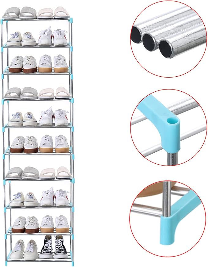Stackable Small Shoe Rack, Entryway, Hallway and Closet Space Saving Storage and Organization (10-Tier, Blue)