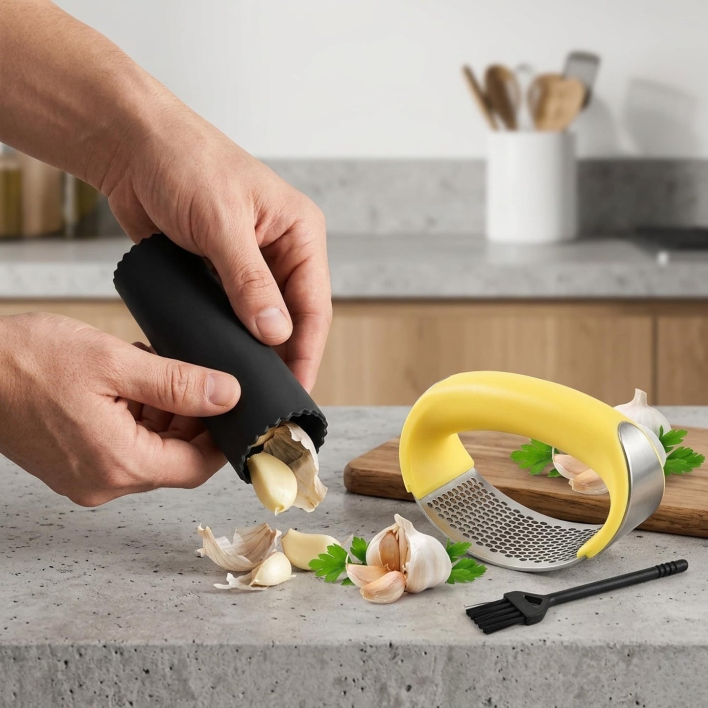 Angel's Peel Lounge Stainless Steel Garlic Press Rocker Set with Silicone Garlic Peeler & Cleaning Brush – Garlic Chopper, Mincer, Grater, Crusher – Easy for Crushed Cloves – Rust-Resistant, Green