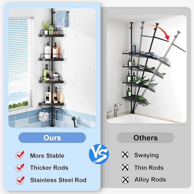 HAMITOR Corner Shower Caddy Tension Pole: 4 Tier Shampoo Storage Organizer for Inside Shower - Telescoping Rod Shower Rack for Bathroom and Bathtub - Restroom Floor Standing Bath Rack Holder Black