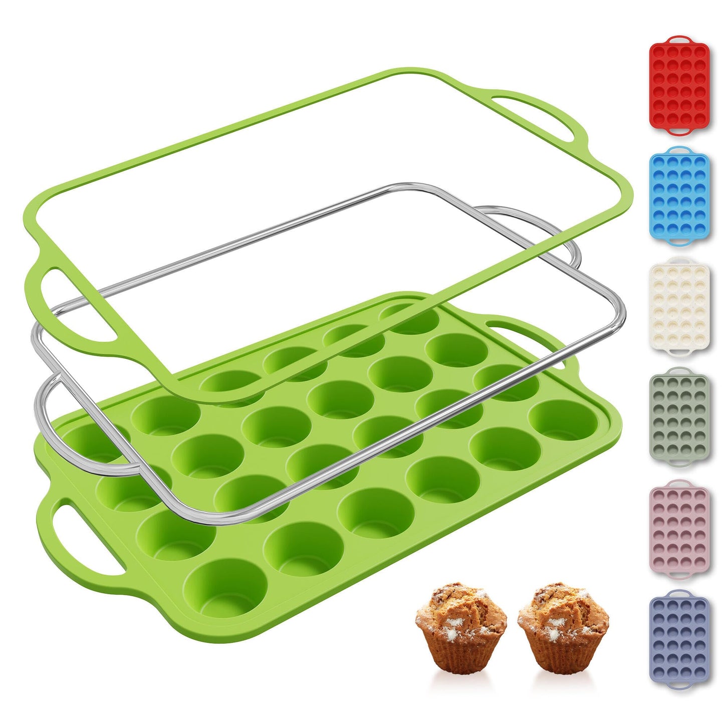 2 Packs 12 Cups Silicone Muffin Pan for Baking with Metal Reinforced Frame Regular Size Cupcake Pan Tray Chocolate Egg Pizza Bites Oven Top Cookie Molds Muffin Tin Tart Pans Sheet Set Bakeware Liner