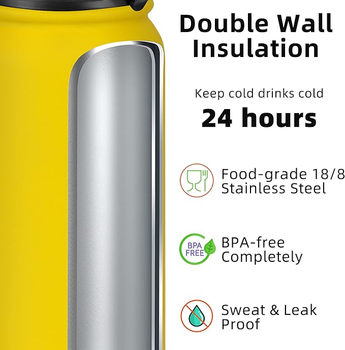 Fanhaw 32 oz Insulated Stainless Steel Water Bottle with Anti-Dust Chug Lid, Leakproof Vacuum Sports Bottle for Men & Women (Yellow)