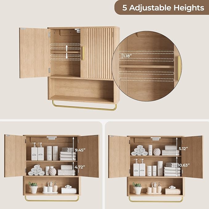 Bathroom Cabinet Wall Mount with Fluted Door Panel & Adjustable Shelf, Medicine Cabinet with Open Partition and Towel Bar, Wall Storage Cabinet for Laundry Room & Kitchen (Natural Oak)