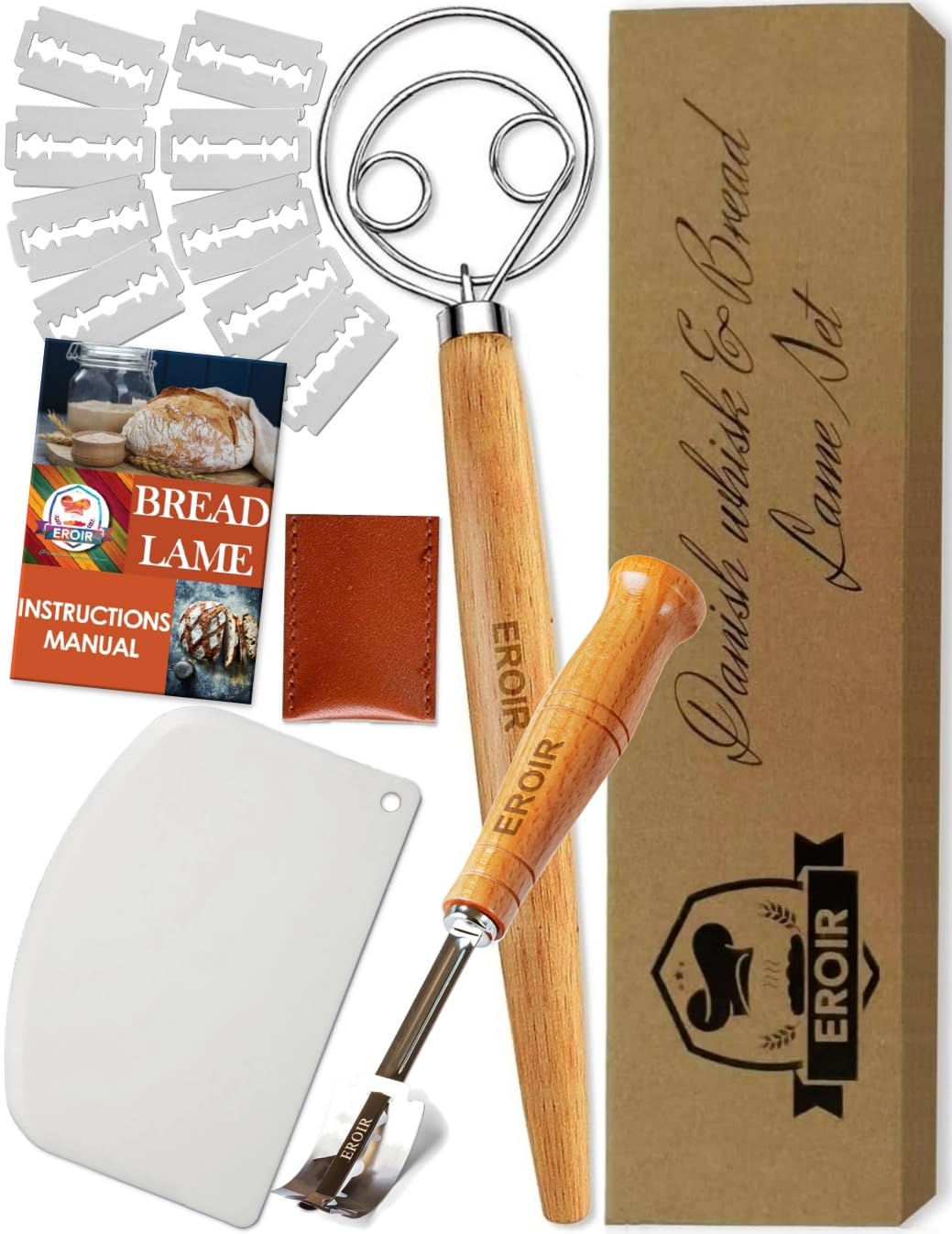 EROIR 13" Danish Dough Whisk Bread Lame Bowl Scraper Set - Dutch Sourdough Whisk Double Eye, Dough Scraper, Bread Scorer with 10 Blades and Leather Cover