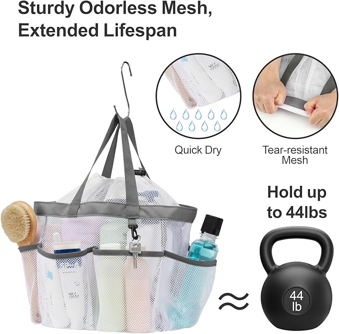 F-color Mesh Shower Caddy Portable with Drawstring - Large 8 Pockets Dorm Room Essentials for Guys Girls with S Hook, Shower Bag Basket Tote for College Camping Gym Travel Toiletry Bathroom, White
