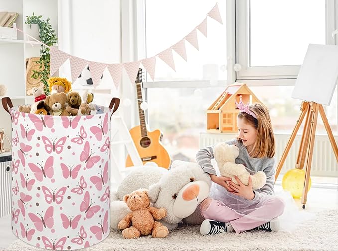 HIYAGON Girls Pink Laundry Baskets Baby Hamper for Nursery Girl Cute Kids Toy Organizer Bins Butterfly Room Decor Bedroom Bathroom(Pink Butterfly)