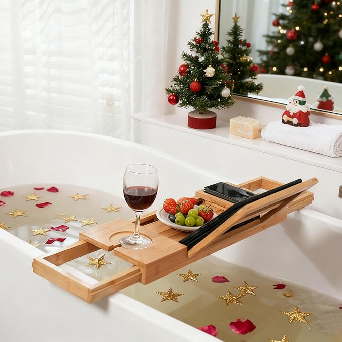 Utoplike Bamboo Bathtub Caddy Tray Bath Tray for Tub, Adjustable Bathroom Bathtub Organizer with Book Tablet Wine Glass Cup Towel Holder