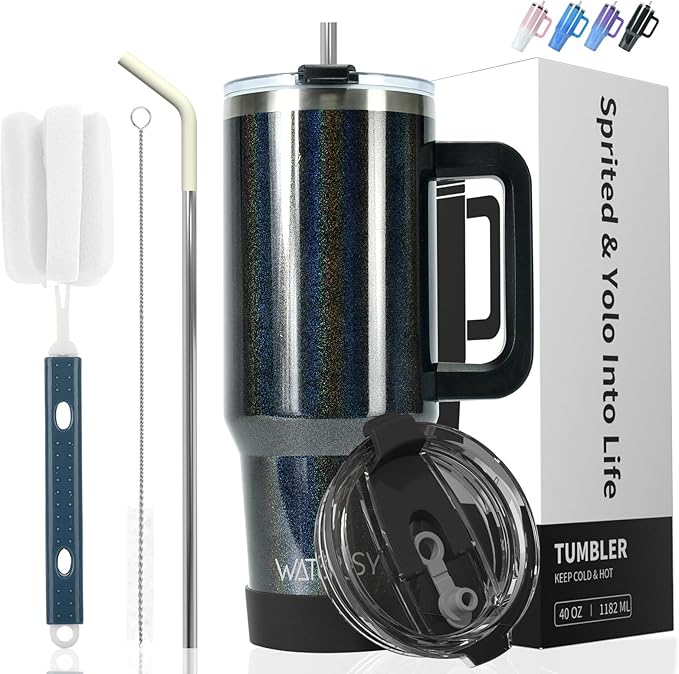 40 oz Shiny Tumbler with Handle,Tumbler with Lid and Straw,Double Wall Insulated Cup Stainless Steel Travel Mug(Cold for 34 Hours),Water Bottle for Iced Tea,Coffee,Cold Beverages(Black)