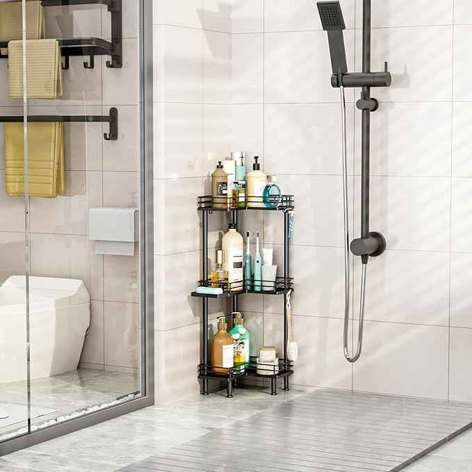 HapiRm Corner Shower Caddy Standing - 3 Tier Shower Organizer Corner with Soap Holder, Rustproof Bathroom Standing Organizer with 4 Hooks, Black