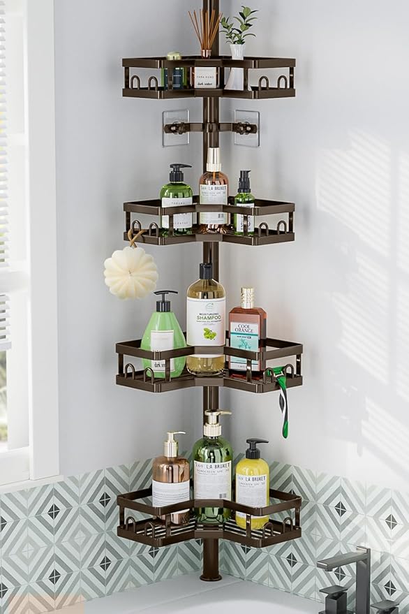 HEVEL Corner Shower Caddy Tension Pole, 4 Tier Adjustable Shower Organizer Corner 62-115 Inch, Rustproof Bathroom Shower Shelves for Bathtub Storage,Bronze