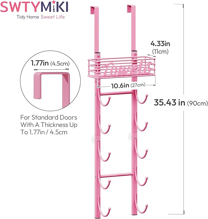SWTYMIKI Hanging Towel Racks for Bathroom - 9 Tier Over The Door & Wall Mounted Bath Rolled Towel Storage Organizer Holder for Small Bathroom, RV, Camper (Pink, 6-Tier)