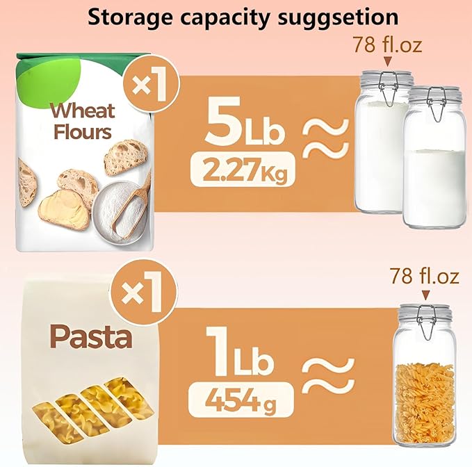 VIEWELLD 78oz Square Glass Food Storage Jars Storage Container with Clear Preserving Seal Wire Clip Fastening for Kitchen Canning Flour, Cereal, Pasta, Sugar, Beans