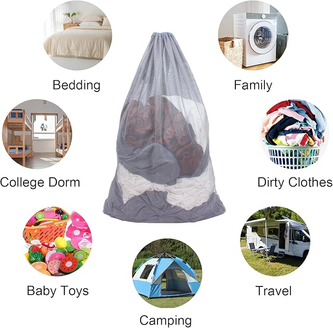 2 Pack Mesh Laundry Bags, 24 x 36 Inches Heavy Duty Drawstring Bag, Factories, College, Dorm, Travel and Apartment Dwellers, Grey