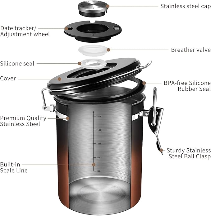 Veken Coffee Canister with Window,Airtight Stainless Steel Kitchen Food Storage Container, Date Tracker & Scoop for Grounds Coffee, Beans, Tea,Flour,Cereal,Sugar,22OZ,Copper (Pack of 2)