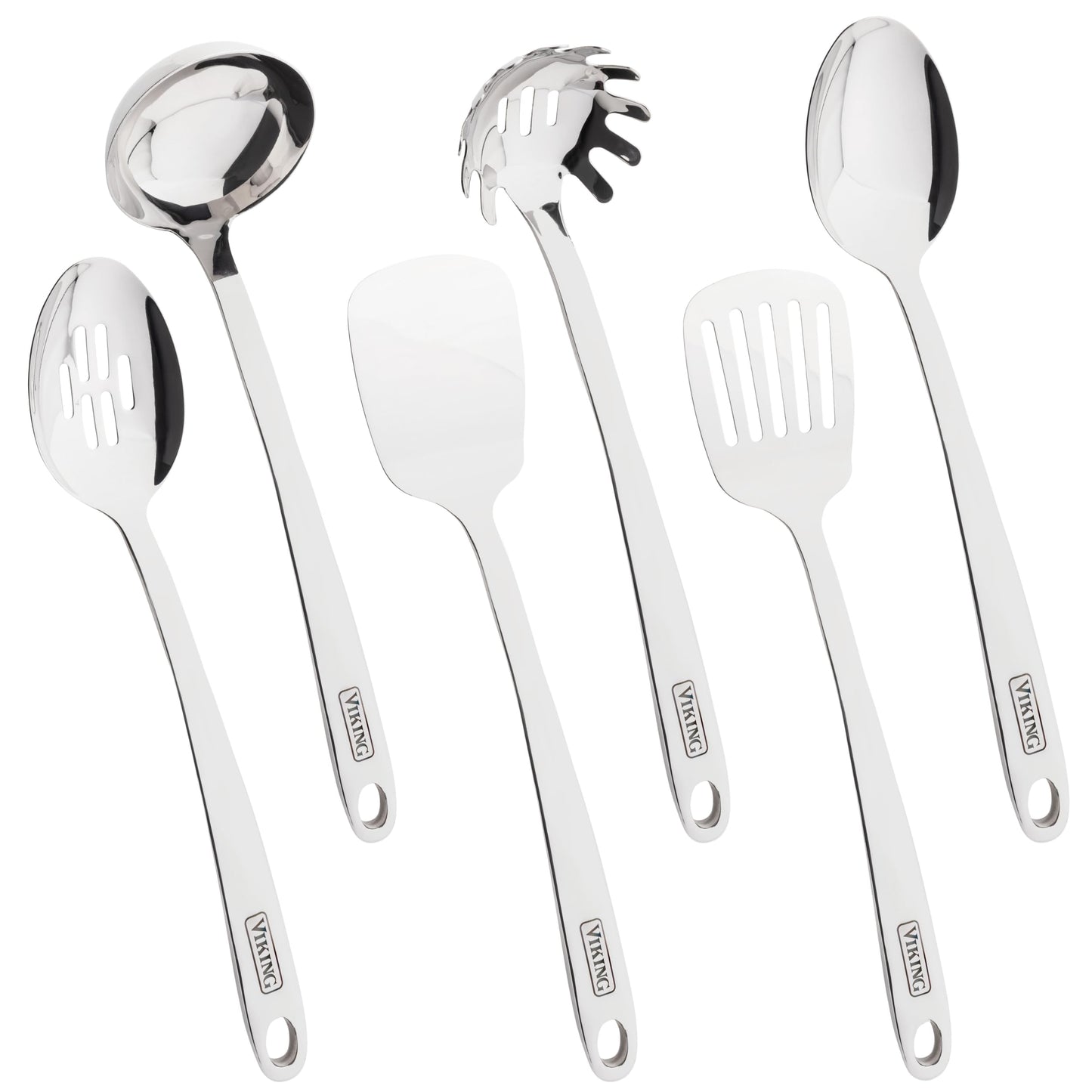 Viking Kitchen Utensils Set, 6 Piece Stainless Steel Cooking Utensil Set, Includes Spatulas, Spoons, Pasta Fork, and Deep Ladle, Hollow Forged, Silver