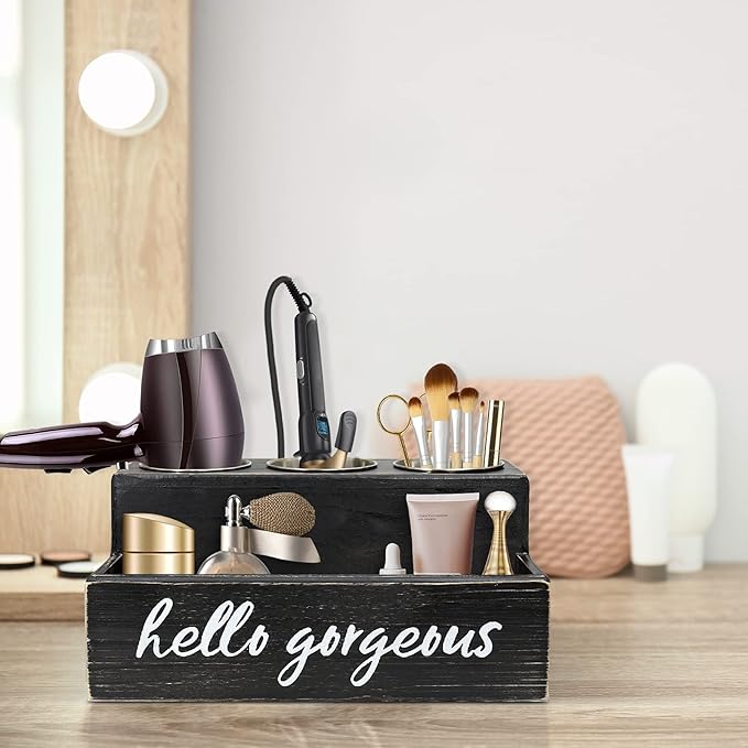 Unistyle Hair Blow Dryer/Curling Iron Holder, Countertop, Hair Tools & Styling Supplies Organizer Flat for Bathroom Counter for Accessories, Makeup, Toiletries Storage, Black