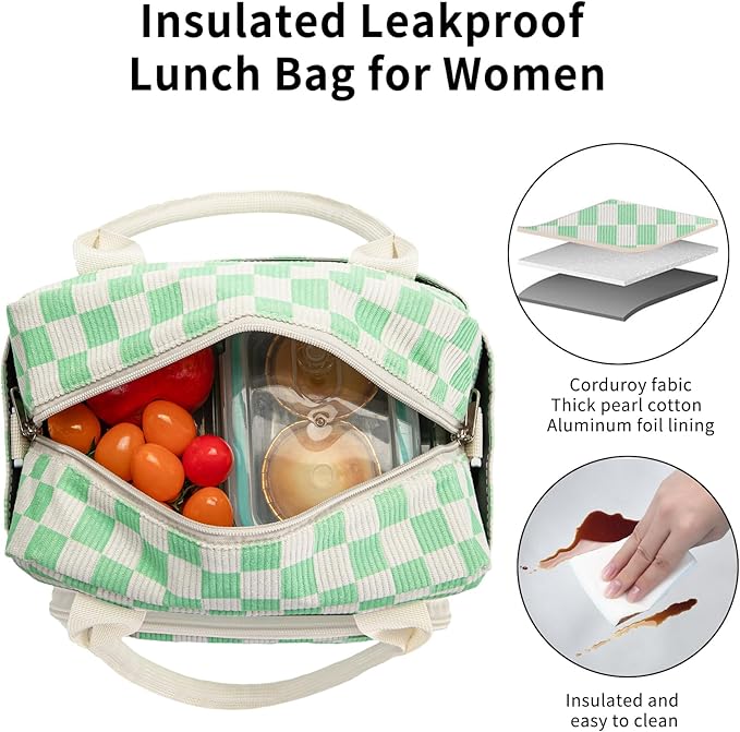 Lunch Bag Women Lunch Box for Women Adult Cute Insulated Lunch Bag Lager Cooler Lunch Tote Bags for Work Picnic (Beige-Light Green Plaid)