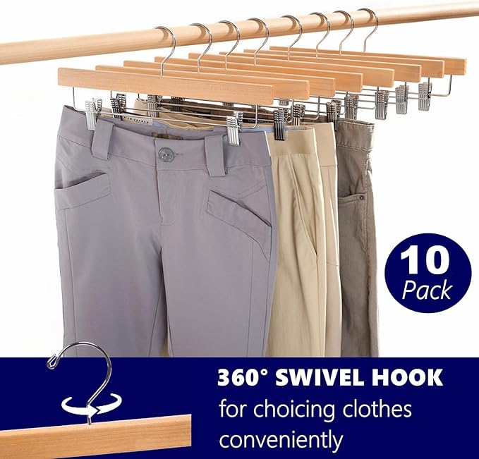 Amber Home 10 Pack Natural Wooden Pants Hangers with Clips, Wood Skirt Hangers Trouser Hangers for Jeans, Slacks, Shorts with 2-Adjustable Clips