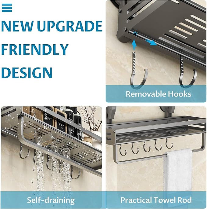 Onemake Shower Caddy Suction Cup, 1 Pack 15.7 inch Aluminum Suction Showers Organizer with Towel Bar & Hooks, Rustproof Shower Shelf for Inside Shower, NO-Drilling Bathroom Holder Storage Rack, Gray