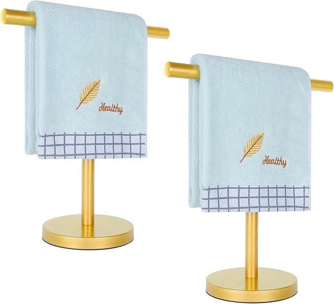 T-Shape Bath Hand Towel Holder Stand, Stainless Steel Free Standing Hand Towel Rack, for Bathroom Kitchen & Countertop, Golden, 2 Pack