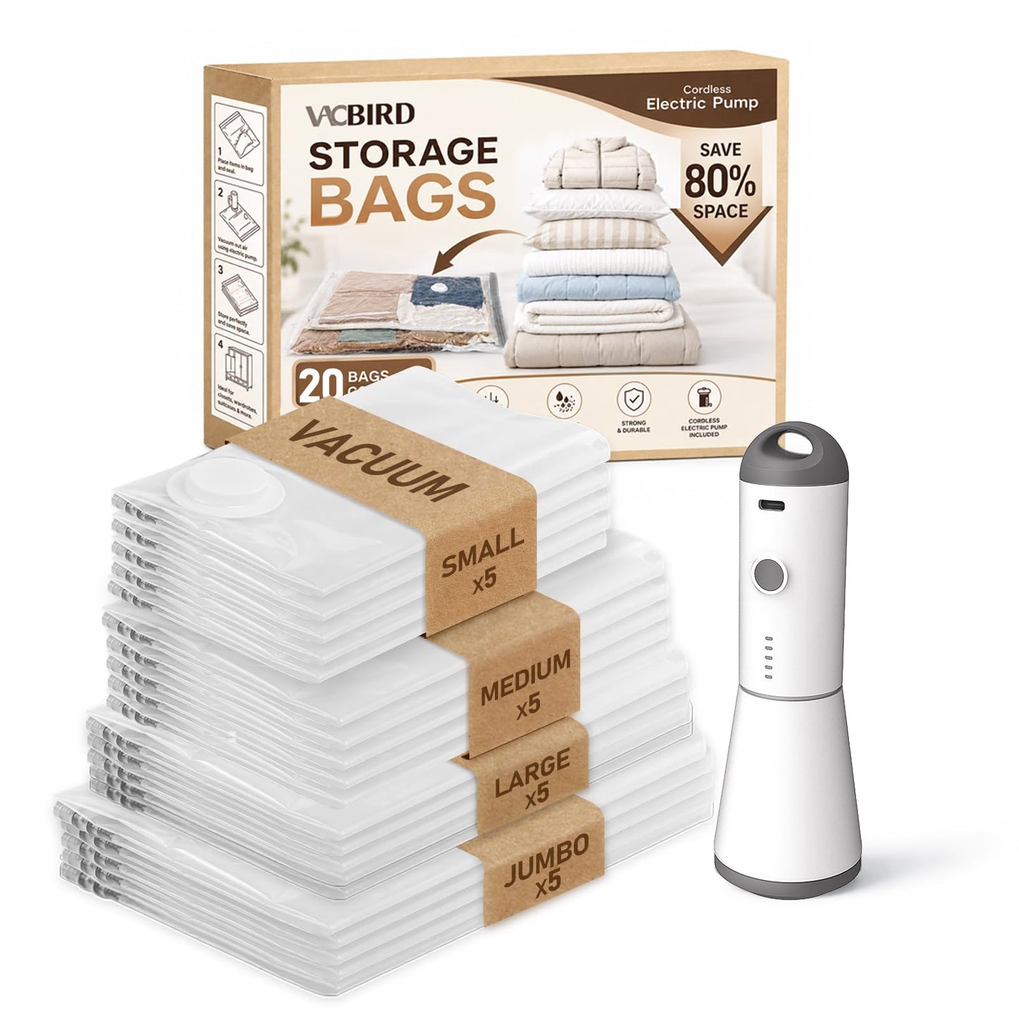 Vacbird Vacuum Seal Bags for Clothing, 20 Pack Vacuum Storage Bags with Rechargeable Cordless Air Pump(5J+5L+5M+5S), Space Saver Bags for Clothes Blanket Duvets Pillows Comforters Travel