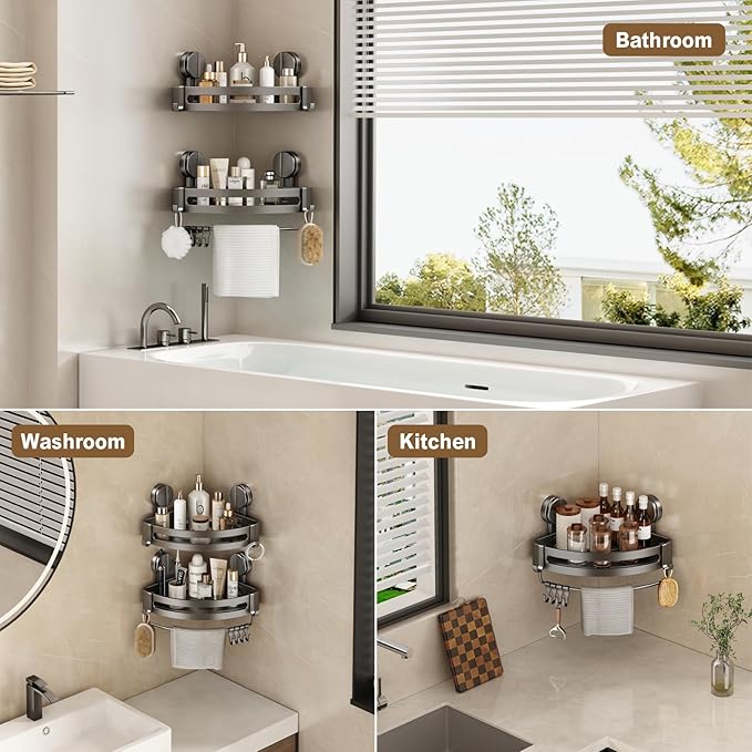 VOLPONE Shower Caddy Suction Cup, 1 Pack Corner Shower Shelves No Drilling, Showers Organizer Storage with Towel Bar & Removable Hooks, Bathroom Shower Shelf Rack for Inside Showers, Triangle